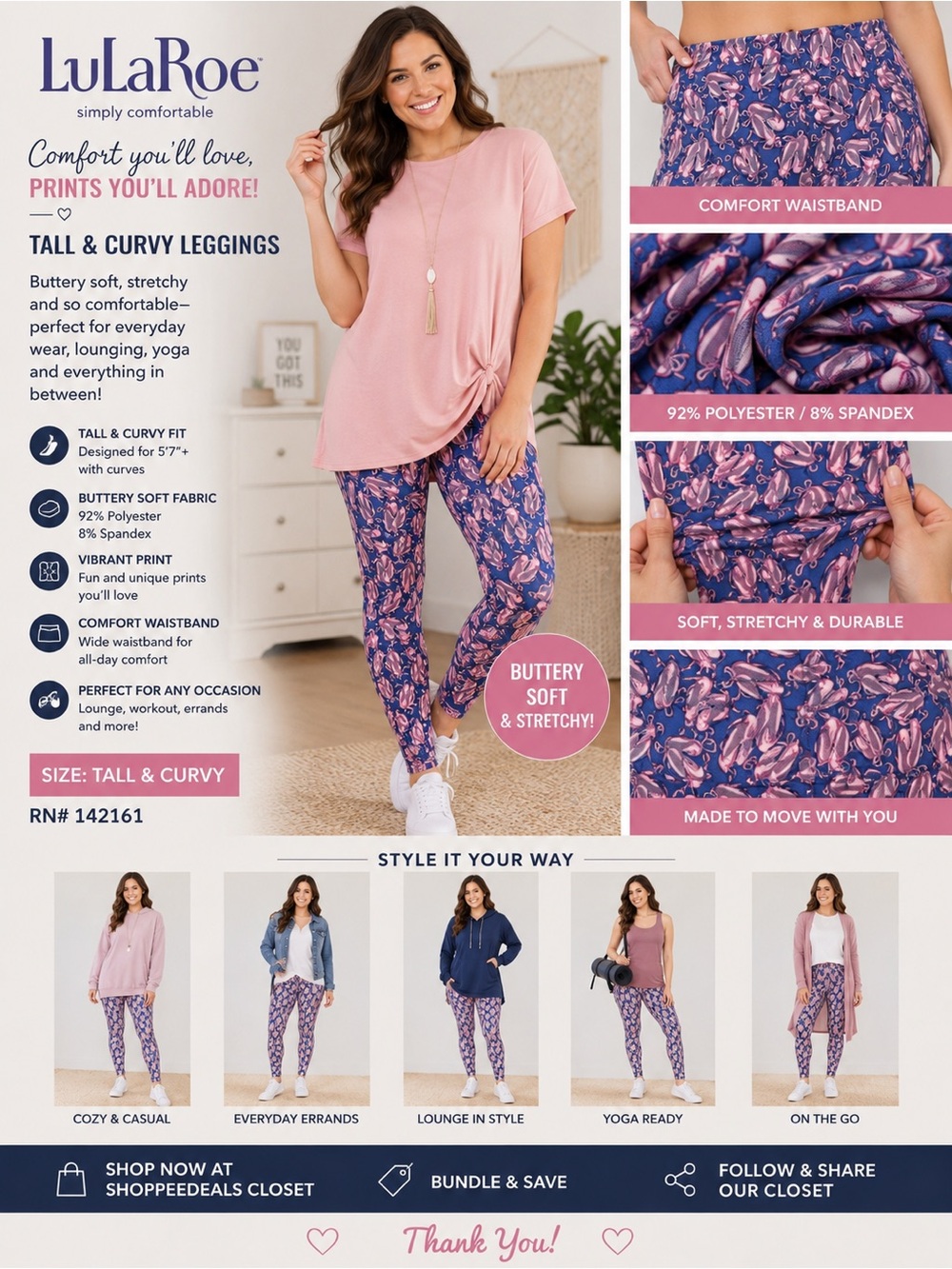 LuLaRoe Tall & Curvy Blue & Pink Ballet Slipper Print Leggings | Buttery Soft